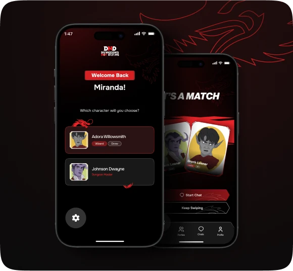 Dungeons Not Dating matchmaking app screens