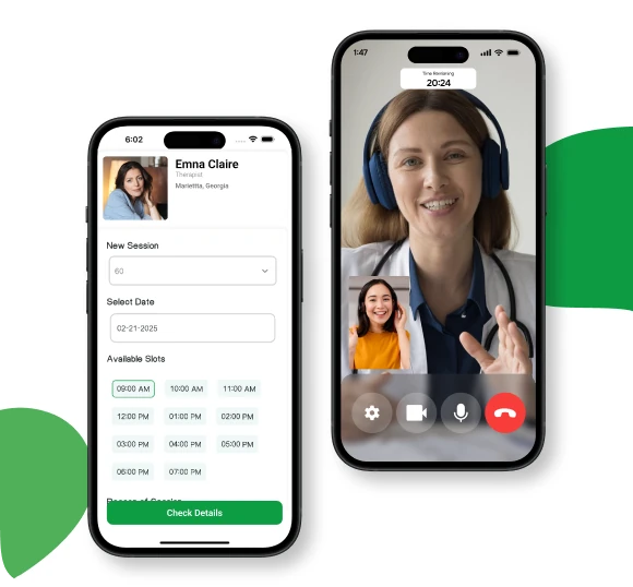 TreeTalk Therapy telehealth app screens